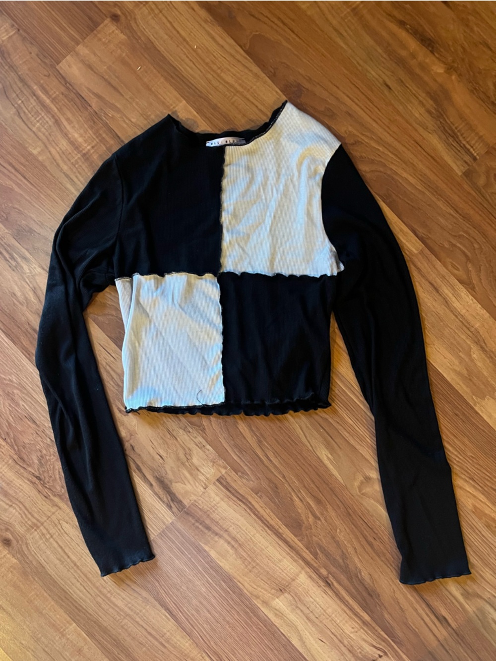 Blue Blush Black and Cream Checker Knit Top